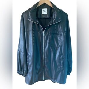 Zara Jacket Anorack Full Zip Hood Pleather Women Size Medium Black Biker Modern
